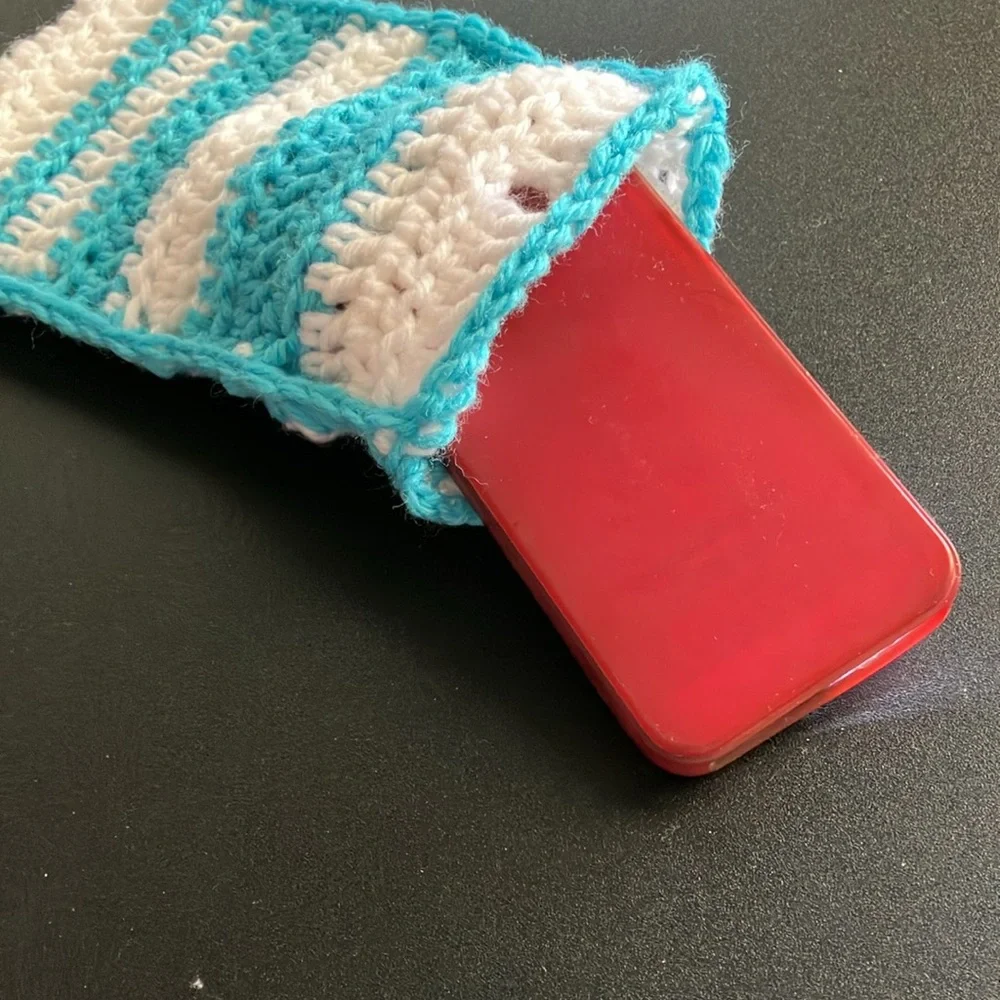 Handmade Crochet Cell Phone Holder Pouch Eyeglass Case Blue White Striped Yarn